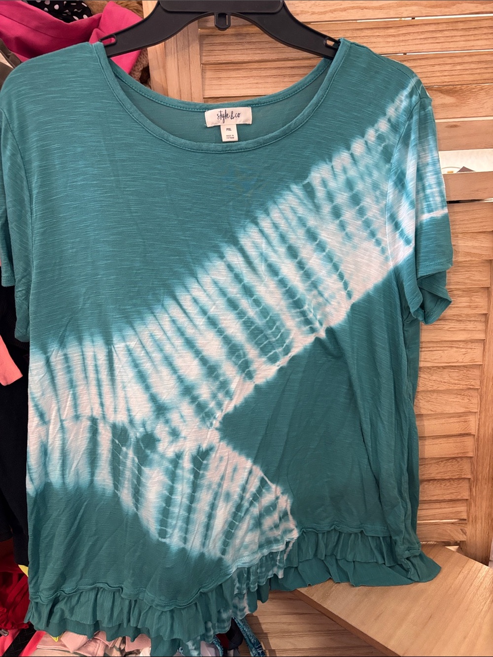 Style & Co. Teal and White Tie-Dye Ruffle-Hem Short Sleeve Top Petite XL